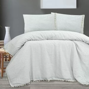 Full Organic Linen Double Bedding Set with Pompoms Gray Striped