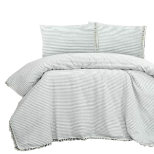 Full Organic Linen Double Bedding Set with Pompoms Gray Striped